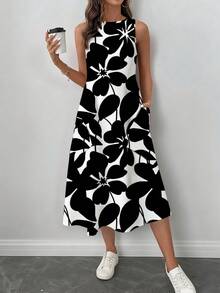SHEIN LUNE Đầm nữ dáng lửng cổ tròn họa tiết hoa, thích hợp cho mùa xuân/hè, đầm thường ngày thanh lịch cho nữ, đầm mùa thu, đầm họa tiết đen trắng, đầm thường ngày. - Đen và trắng - Xem 3