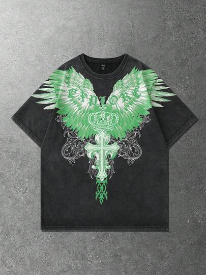 Men's Distressed Cross Gothic Print Short Sleeve T-Shirt, Summer