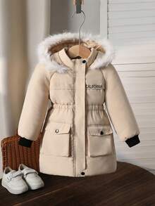 Sparklyn 女童连帽拉链羽绒服，胸前印花设计，休闲时尚，适合室内外穿着，冬季款 - 杏色 - 查看 1