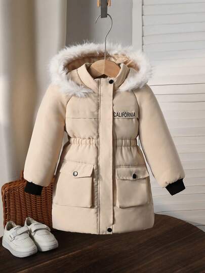 Sparklyn Flickor med huva, dragkedja och vadderad kappa med tryckt bröstdesign, avslappnad och moderiktig, lämplig för utomhus- och inomhusbruk, vinter