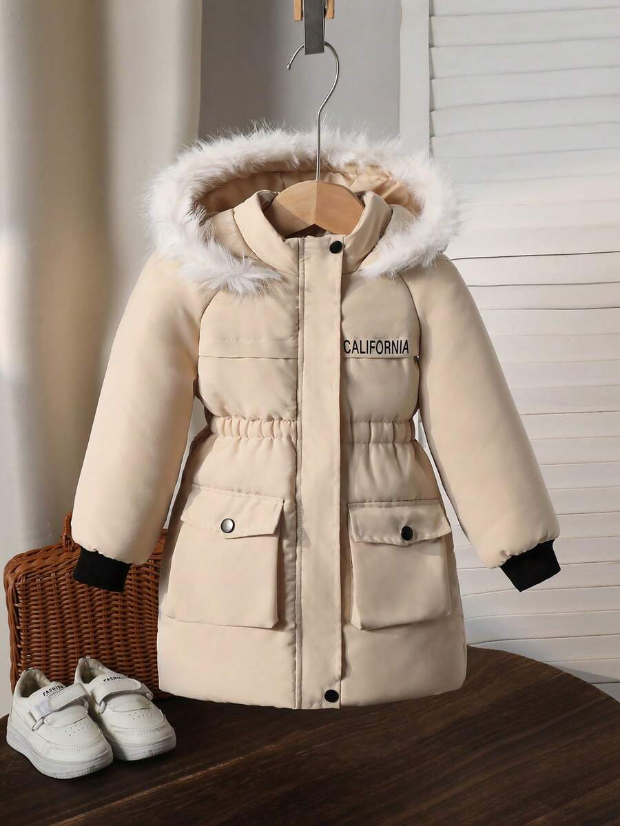 Sparklyn 女童连帽拉链羽绒服，胸前印花设计，休闲时尚，适合室内外穿着，冬季款 - 杏色 - 查看 1