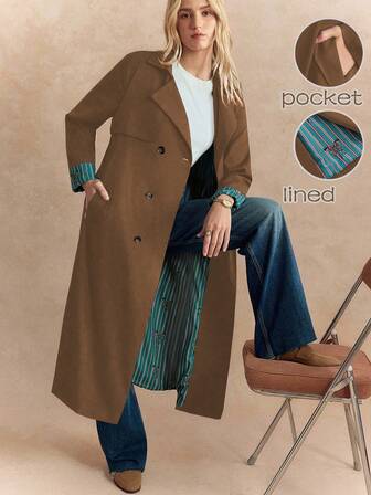 Écloséra Fransk retro marinblå randig trenchcoat med snörning, originalt tyg, bälte i midjan, sneda fickor, långärmad för dam, höst/vinter, med kontrasterande fjärilstryck i fodret