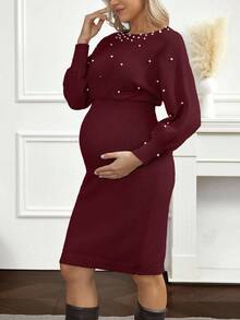 Cheriluna Maternity 优雅串珠装饰针织孕妇连衣裙，秋冬款 - 酒紅色 - 查看 5