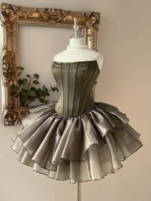 Lovelzi 优雅绿色缎面拼接网纱不对称荷叶边下摆无肩带束身胸衣可调节系带露背沙滩假日派对生日毕业舞会婚礼新娘礼服