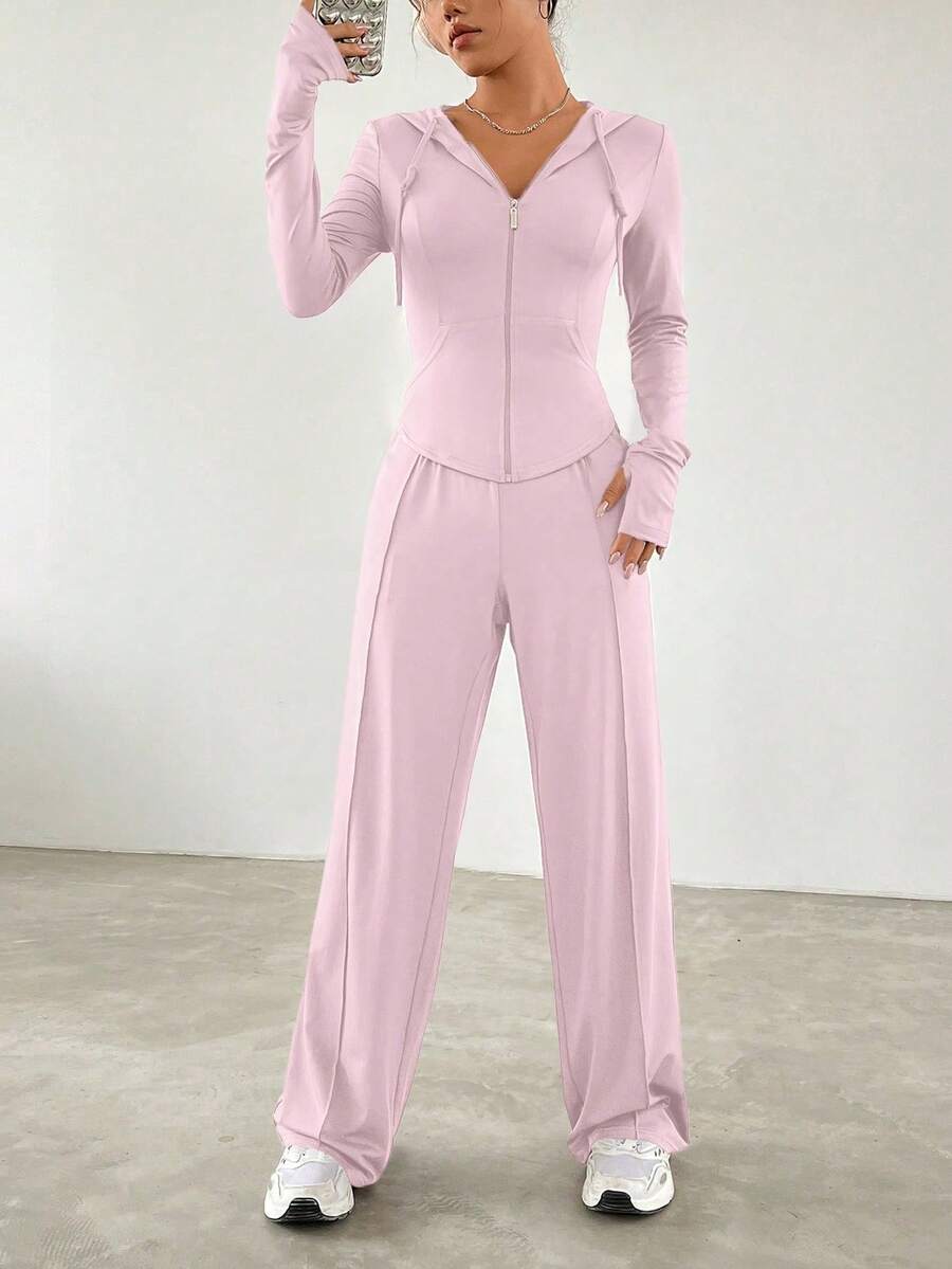 SHEIN EZwear 緊身帽衫配直筒褲,休閒運動套裝 - 粉色 - 查看 1