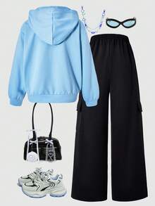 SHEIN ChillGRL 2pcs/Set Tween Girls Streetwear Outfit, Cute Navy Blue Rabbit Graphic Hoodie Sweatshirt Paired With Black Cargo Pants With Large Pockets, Suitable For Spring, Summer, Autumn, Winter - Multicolor - View 2