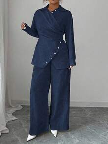 Modelyn 大码梭织成衣染色棉长袖裹身式上衣和直筒裤两件套，适合秋冬季穿着。 - 藏蓝色 - 查看 4