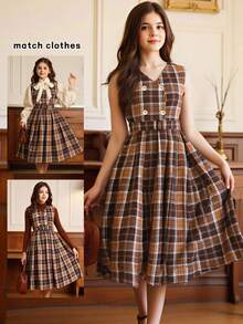 SHEIN Girls' Retro Plaid Dress, Waist Cinched Double-Breasted Design, Snug Fit, Suitable For School, Holiday, Casual Wear - Multicolor - View 8