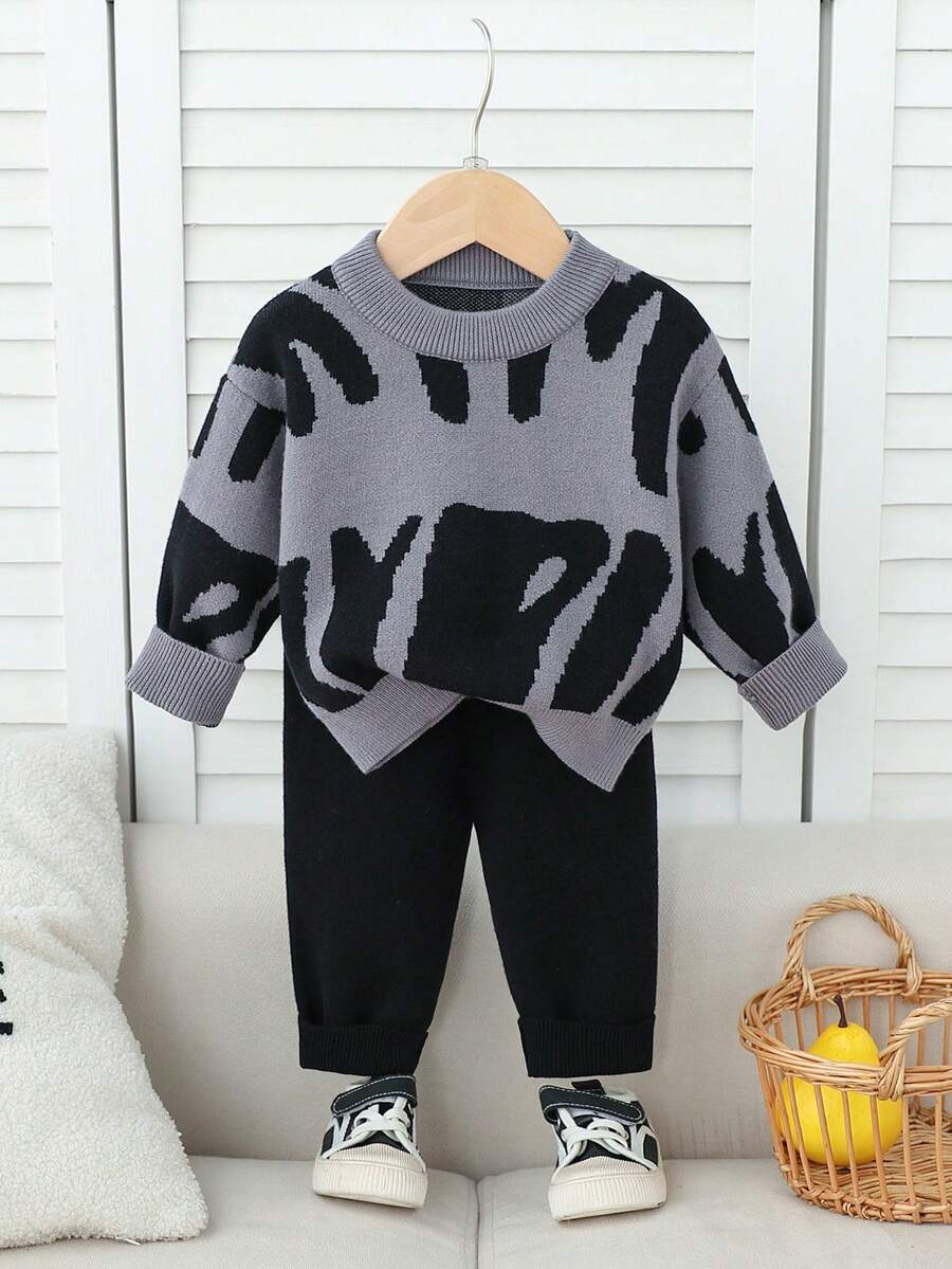 SHEIN Baby Boy Letter Pattern Crew Neck Long Sleeve Sweater And Knit Pants Casual Set, Autumn/Winter Baby Boys Outfit Baby Boy Sweater Set Toddler Sweater And Pants Set Knit Two Piece Toddler 2 Piece Infants Boys Outfit Baby Boys Outfit Late Fall Baby Boy Outfit Autumn And Winter Two Piece Suit Fall Baby Outfit Baby Knitted Set Baby Outfits Unisex For Fall Autumn And Winter Two Piece Suit Baby Boys Outfit Baby Boy Sweater Set Knit Two Piece Toddler Winter Baby Outfits Longsleeve Knitted Outfit Baby Boy Winter Set Baby Boys Outfit Late Fall Outfit - Grey - View 1