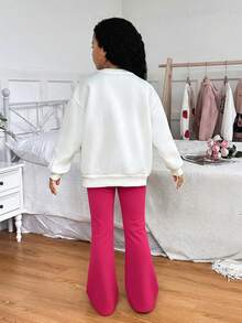 SHEIN 2件套少女休闲撞色印花圆领长袖套头卫衣和裤子套装 - 玫紅色 - 查看 2