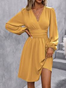 LanaWest Women's Elegant Solid Color Shirred Shirred Dress - Yellow - View 4
