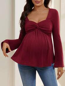 SHEIN Women V-Neck Ribbed Twist Front Maternity Long Sleeve Top, Autumn/Winter