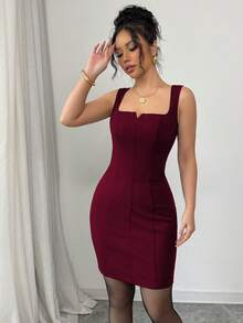 Elenzga Đầm ôm sát cơ thể cổ vuông không tay, thắt eo, tối giản, thanh lịch dành cho nữ - Màu Đỏ Sâu - Xem 6