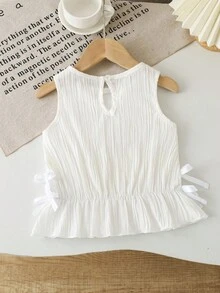 SHEIN Vintaside Kids Baby Girl Infant Toddler 0-3Y Casual Everyday Textured Knit Sleeveless Top With Bow Detail, Apricot & White, Spring/Summer