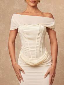 Lumalex 早春露肩网纱拼接缎面腰部鱼尾裙，女士奢华新年新造型，低调奢华，适合舞会、聚会、宴会、低调奢华、闪耀节日派对、锐舞音乐节、郊游、度假、户外、婚礼季、宴会、宰牲节、新年派对、派对礼服、露肩正式礼服、象牙色礼服、优雅礼服 - 杏色 - 查看 6