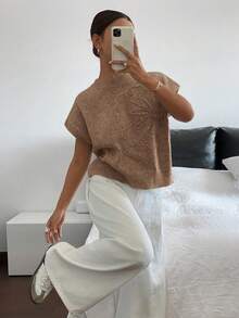 Siren Gaze Áo thun dệt kim tay ngắn trơn jacquard dành cho nữ - Cà phê nâu - Xem 3