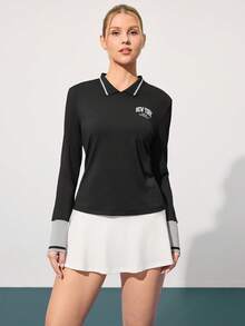 CourtClass 女士字母印花高尔夫球衫，长袖，翻领 - 黑色 - 查看 6