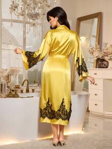 LuxeNights Elegant Luxurious Regal Black Lace & Gold Color Contrast Women's Long Robe, Suitable For Loungewear, Autumn/Winter Long Satin Robe Yellow Satin Robe Satin Robes For Women Kimono Robes For Women Lace Trim Robe Silk Night Gown Silk Robes For Women Satin Night Gown Silk Robe Set