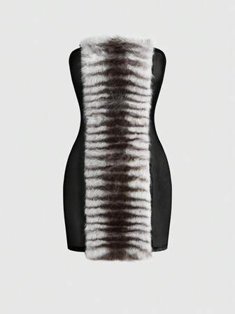 Grunge Punk Vestido mini bandeau transparente con parches de piel de cebra y malla sexy