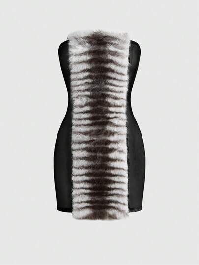 Grunge Punk Vestido mini bandeau transparente con parches de piel de cebra y malla sexy