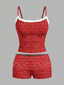 SHEIN EZwear 两件套女士休闲红色亮片蕾丝吊带背心和褶皱短裤，适合度假穿着 - 彩色 - 查看 3