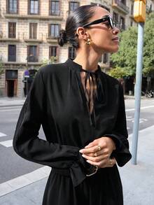 Maija 女士纯色系带领休闲长袖连衣裙 - 黑色 - 查看 4