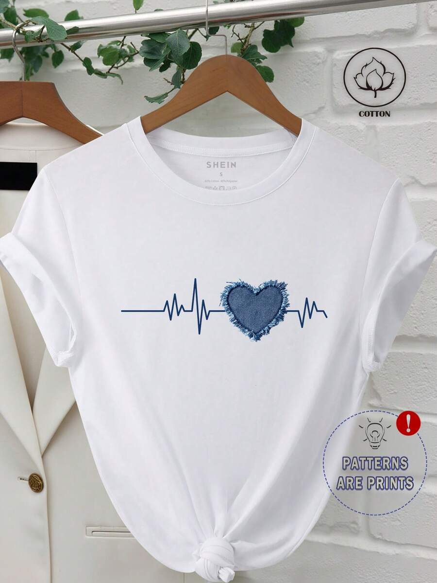 INAWLY 女式夏季休闲心形印花短袖T恤 - 白色 - 查看 1