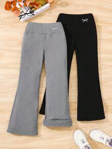 SHEIN 2件套少女休闲百搭罗纹保暖修身高领蝴蝶结喇叭裤套装，秋冬款