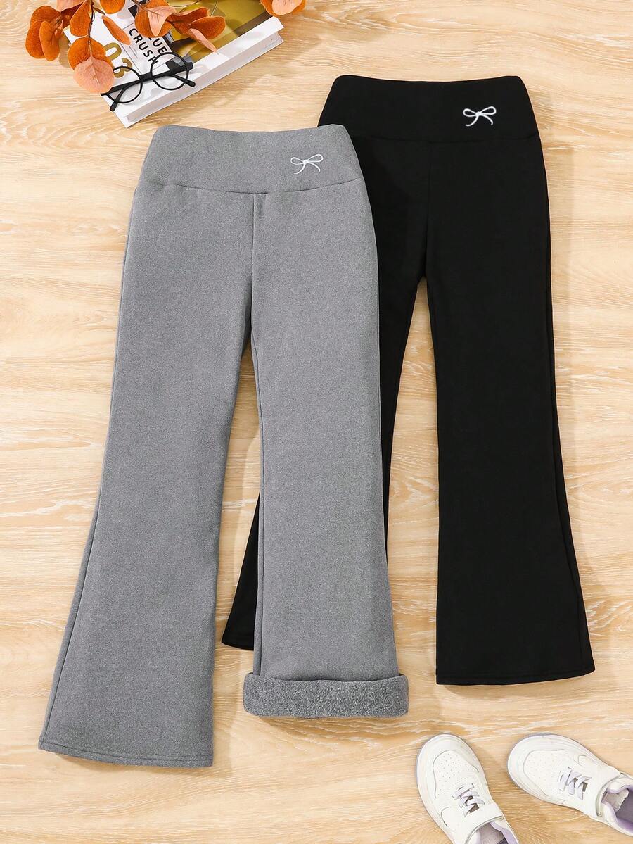 SHEIN 2件套少女休闲百搭罗纹保暖修身高领蝴蝶结喇叭裤套装，秋冬款