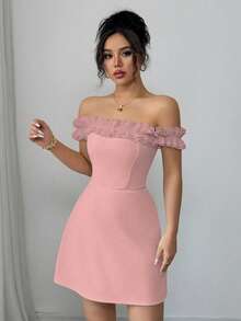 Elenzga 女士露肩荷叶边腰浪漫连衣裙 - 淺粉色 - 查看 7