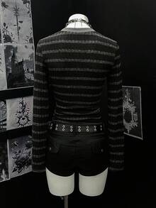 EgrlEra 女士休闲V领条纹修身短款长袖T恤 - 彩色 - 查看 2