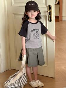 DAZY 2pcs/Set Girl's (Small) Solid Color Patchwork Round Neck Short Sleeve Print Simple Top And Skirt - Grey - View 4
