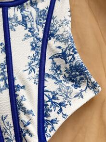 Soleia 女式复古花卉撞色短款上衣，复古紧身胸衣上衣，适合派对、波西米亚风、波西米亚风、度假、秋季 - 藍白色 - 查看 7