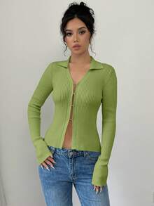 Elenzga Cárdigan ajustado con mangas acampanadas y cuello para mujer - verde menta - Ver 6