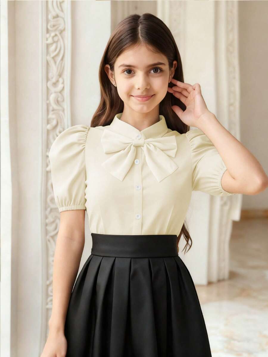 SHEIN Áo cánh dệt trắng thanh lịch dành cho bé gái tuổi teen, tay bồng, nơ có thể tháo rời, đa năng khi đi làm, kết hợp với váy, quần ống rộng, quần bó, quần short, thích hợp mặc khi trở lại trường và mặc hàng ngày - Màu be - Xem 1