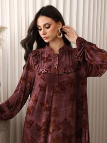 SHEIN Najma 荷叶边领泡泡袖宽松喇叭下摆女式阿拉伯风格连衣裙 - 紅木色 - 查看 3