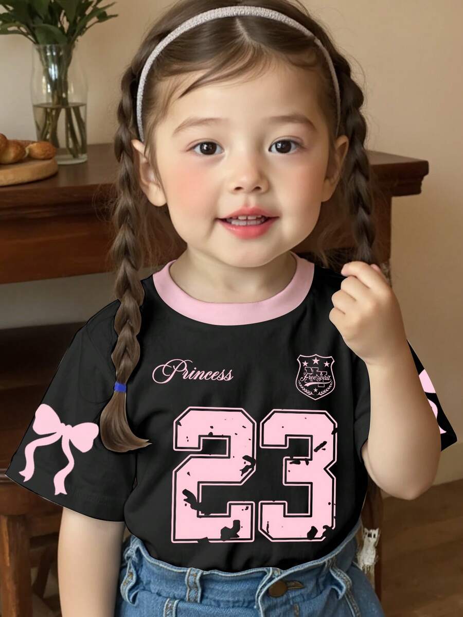 SHEIN 甜美蝴蝶结英文数字28印花少女休闲简约圆领短袖T恤适合夏季 - 彩色 - 查看 1