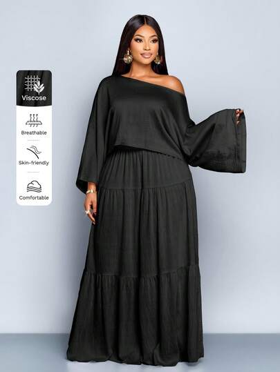 SOLERSUN Women's Plus Size Solid Color Linen Simple Casual Loose Fit Long Sleeve Top And Ruffled Skirt Two Pieces Set