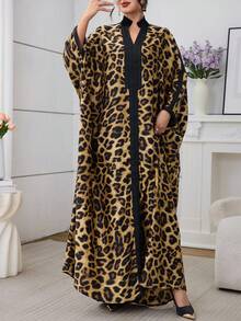 Al Najma 女士宽松豹纹休闲睡袍，适合日常穿着和聚会场合 - 黑色 - 查看 4