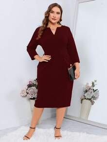 SHEIN Clasi 大码女式纯色V领七分袖修身优雅连衣裙 - 酒紅色 - 查看 5