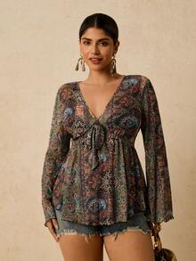 Travachic Plus Size Women Vintage Floral Print Long Sleeve Pullover Top/Winter - Multicolor - View 5