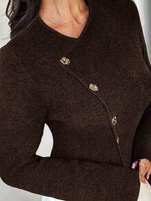 Firerie كنزة صوفية نسائية بياقة على شكل حرف V عميقة مزينة بأزهار، أزرار معدنية أمامية، أكمام طويلة، ملابس محبوكة للارتداء اليومي، وصول جديد للربيع والخريف والشتاء - بني - مشاهدة 4