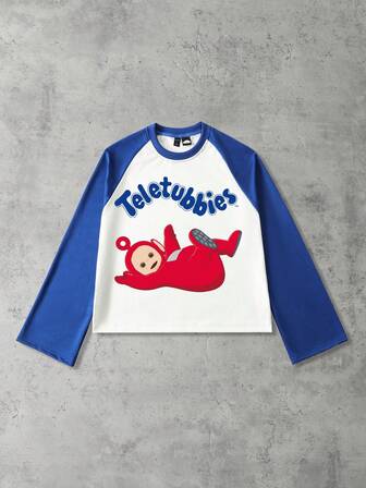 Teletubbies X ROMWE Men's Casual Everyday Commute Cute Cartoon Letter Graphic Contrast Color Raglan Long Sleeve Loose T-Shirt, Spring/Autumn
