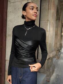 Maija 女士休闲修身黑色长袖高领上衣 - 黑色 - 查看 4