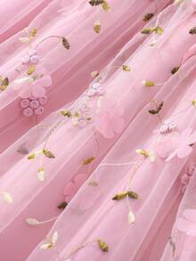 SHEIN 少女无袖休闲网纱拼接刺绣花卉连衣裙 - 藕粉色 - 查看 4