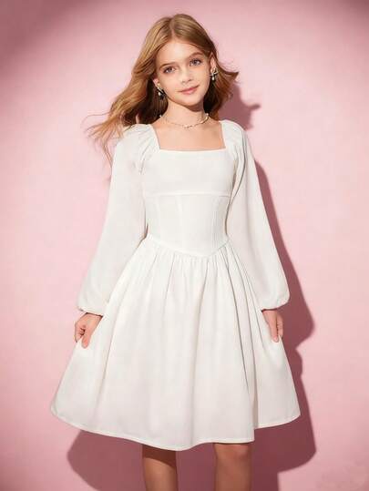 Fall Winter Vintage Tween Girls Halloween Casual Elegant Cute Long Sleeve A-Line Maxi Dress, White Dress, Suitable For Spring, Summer, Autumn, Outdoor, Vacation, School Teen White Dress Girls White Dress Long Sleeve White Dress White Dress For Teens Teen Girls Elegant Dress