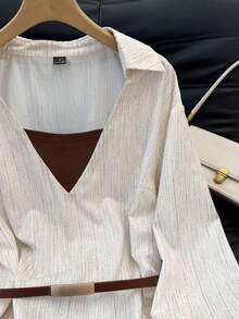 SHEIN Frenchy Damen Lässiges Loose Fit Langarmhemd, geeignet für Pendeln, Imitation Zweiteiler Hemden, Pullover Hemden, Bedruckte Hemden, Business Lässig Bluse für Damen, Lässige Arbeitsbluse, geeignet für Arbeit, Pendeln und Urlaub, Frühling/Herbst, Französischer Stil, Pariser Damen, Europäischer Stil, Europaurlaub, Herbst/Winter, Elegante Blusen für Damen, geeignet für alle Jahreszeiten, Winter für Damen, Neujahr, Neujahr Damen, Französischer lässiger Pendler, Vintage, Minimalistisch, geeignet für den täglichen Gebrauch, Französischer Stil, Europäischer Stil, Weihnachten - Verschiedenfarbig - Übersicht 3