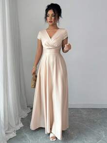 Elenzga Vestido elegante y romántico para mujer, con cuello en V, manga corta y ajuste en la cintura - Champán - Ver 6