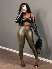 Slaydiva 女士紧身休闲优雅圆领拉链皮质打底裤，秋冬款 - 軍綠色 - 查看 5