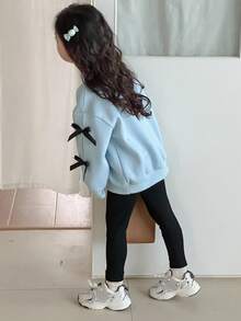 Dazy Kids 2pcs/Set Young Girls Round Neck Knit Thermal Lined Bow Print Top & Pants Set, Fall - Blue - View 2